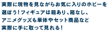 実際に現物を見ながらお気に入りのホビーを選ぼう！フィギュアは箱あり、箱なし、アニメグッズも単体やセット商品など実際に手に取って見れる！
