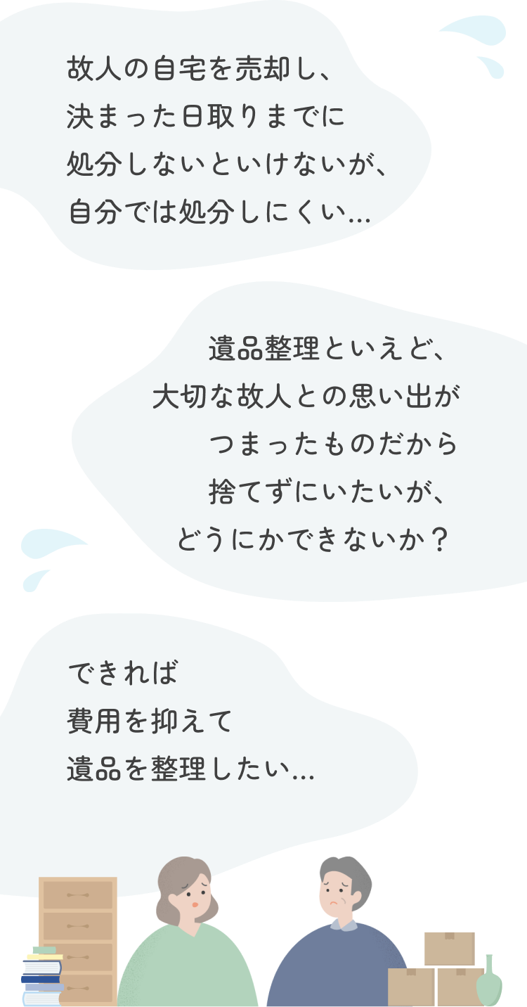 故人の自宅を売却し、決まった日取りまでに処分しないといけないが、自分では処分しにくい… 遺品整理といえど、大切な故人との思い出がつまったものだから捨てずにいたいが、どうにかできないか？ できれば費用を抑えて遺品を整理したい…