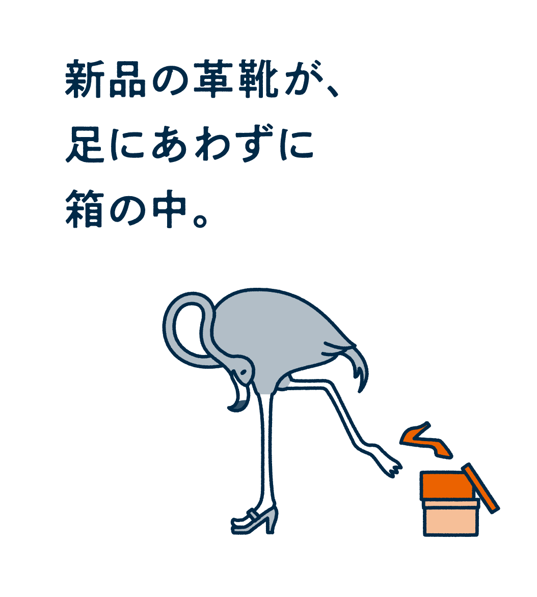 新品の革靴が、足にあわずに箱の中。